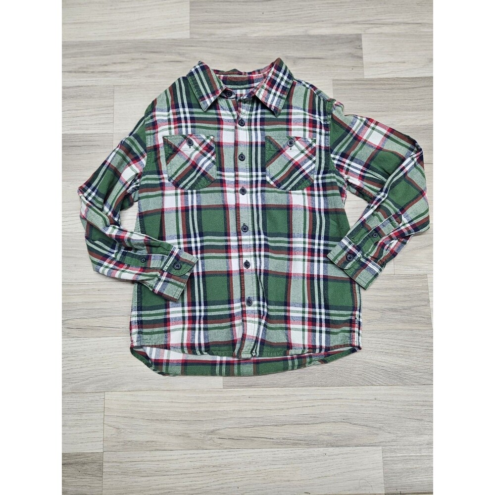 Cherokee Boy Button Down Shirt Size 8 Green Plaid Longsleeve Christmas Holiday